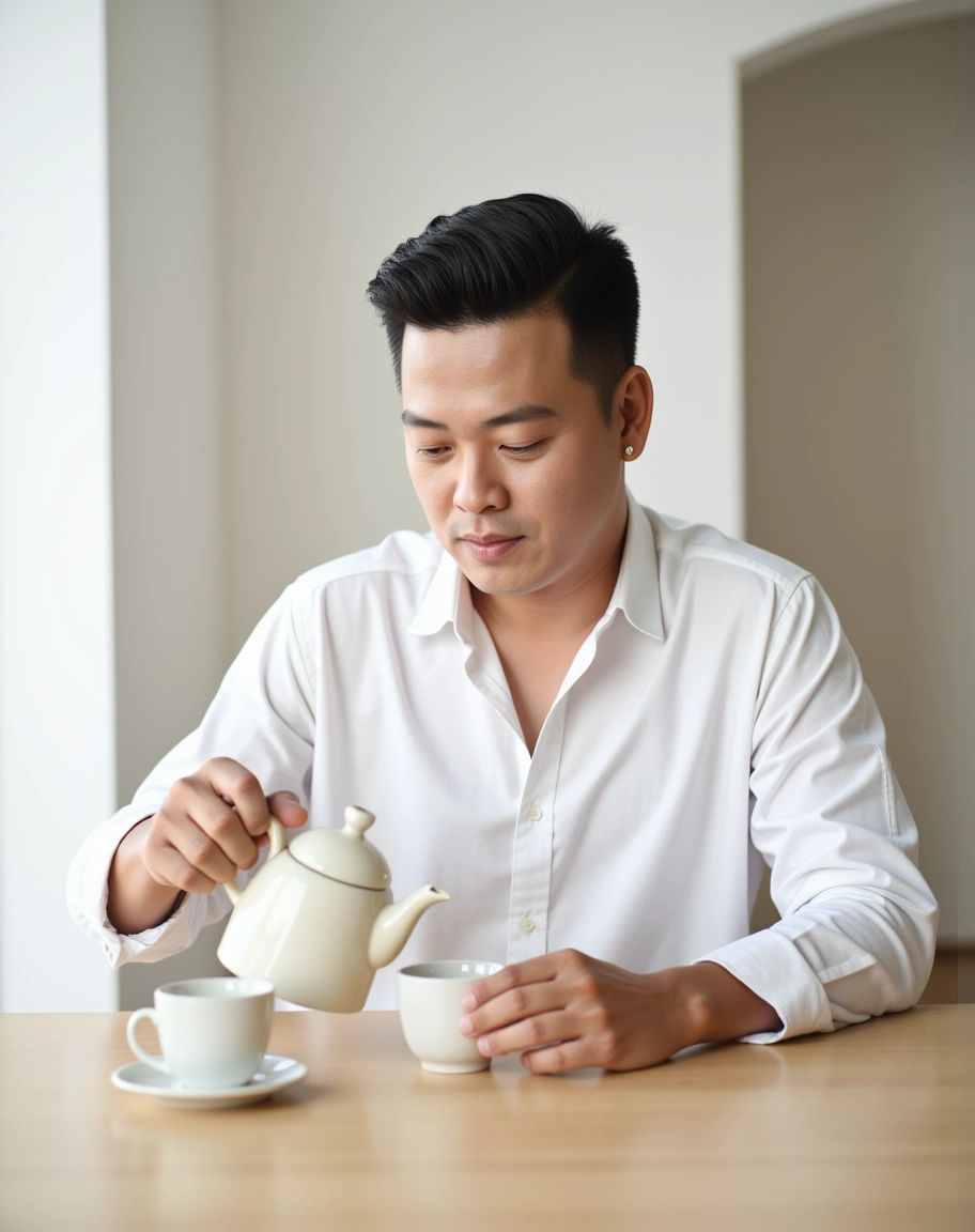 Kenji Phạm rót trà trong một không gian yên tĩnh trước cuộc trò chuyện.
